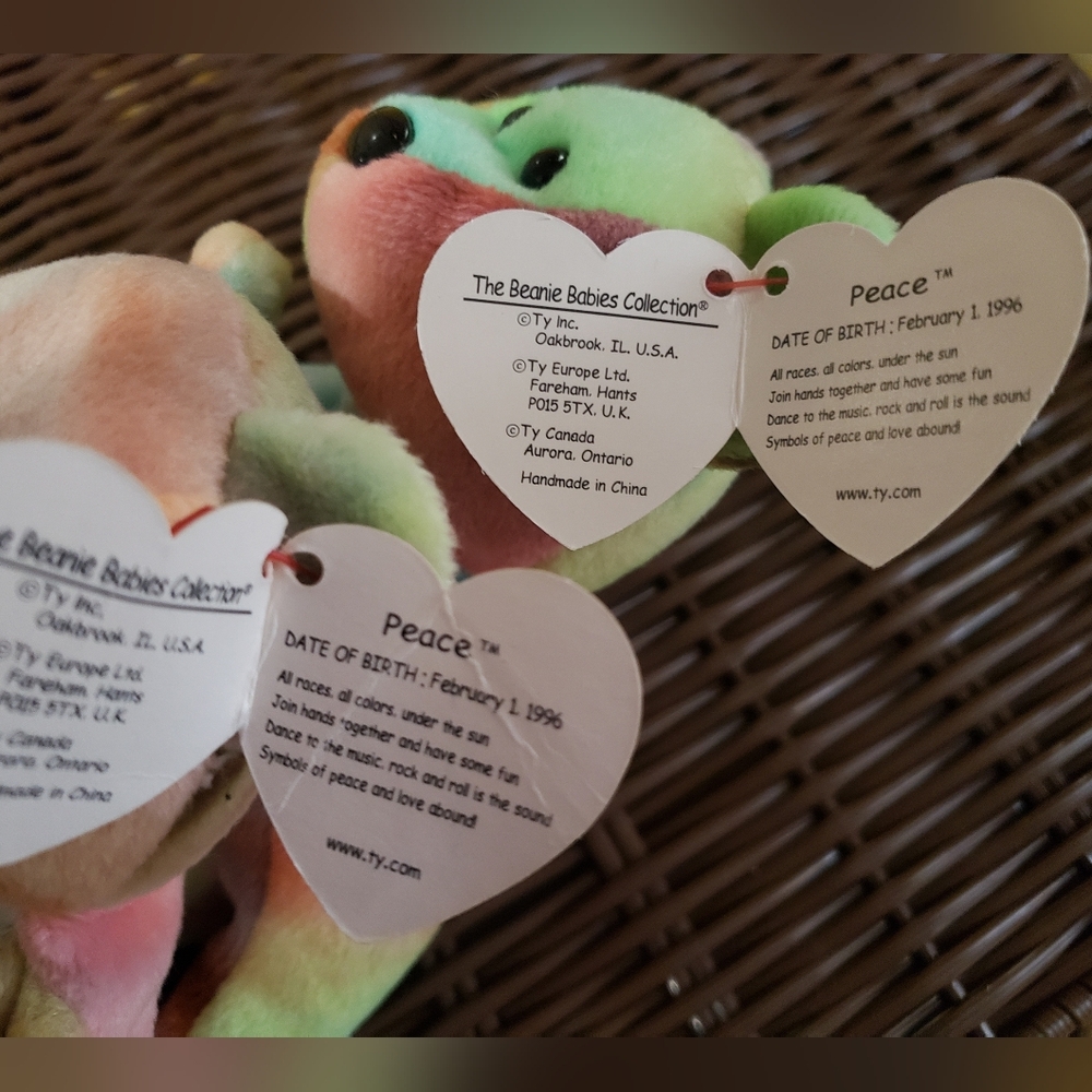🧸 RARE Ty Beanie Baby PEACE Bears SET (2) - Tie Dye VINTAGE 1996 w/Tags! PEACE! - Picture 7 of 11